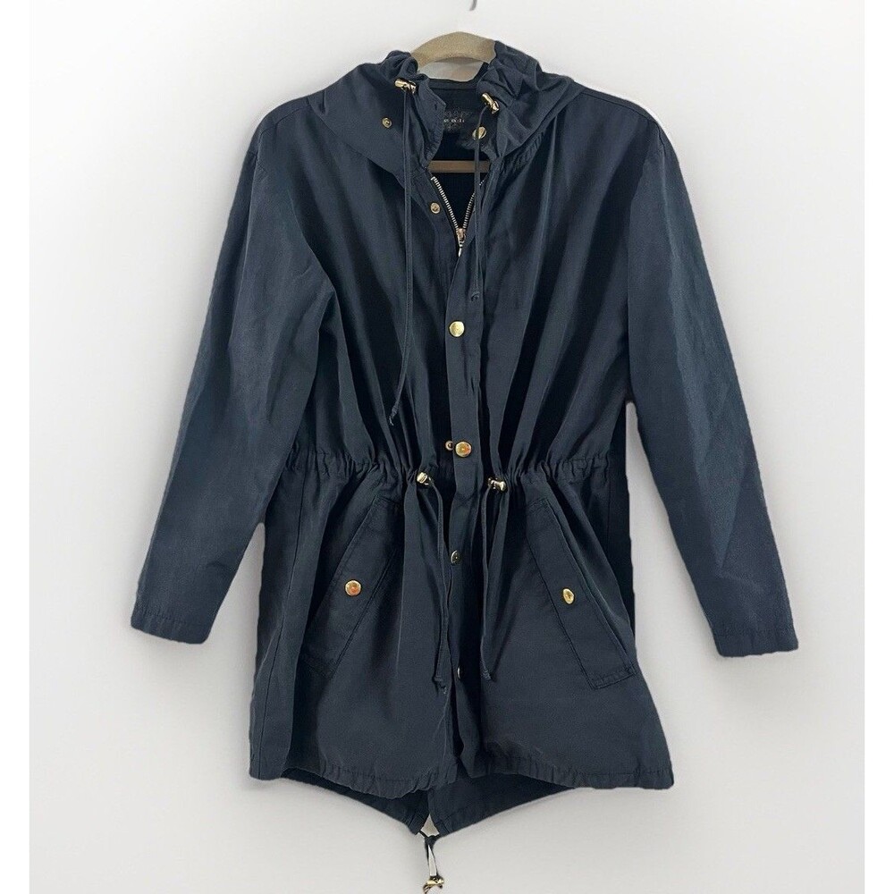 Boutique Wom Sz M Black Hooded Anorak Jacket Drawstring Waist Gold Lightweight